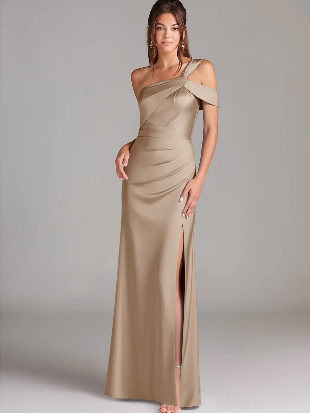 Azazie Wynter One-Shoulder Taupe Gown with Side Slit